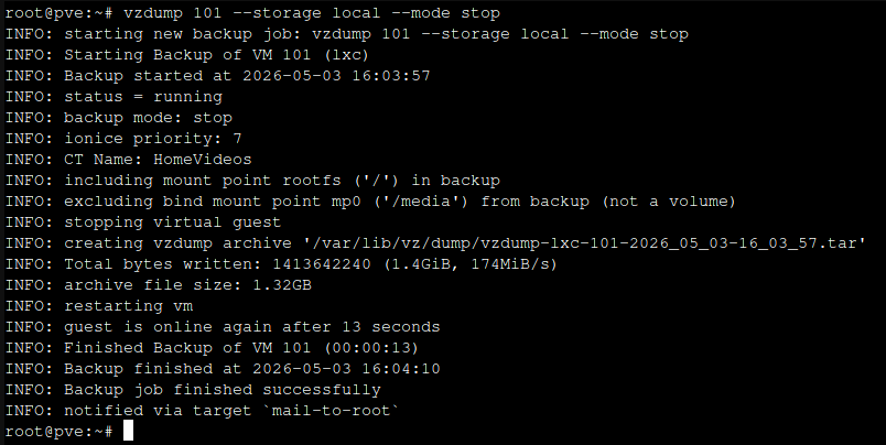 Vzdump virtual machine